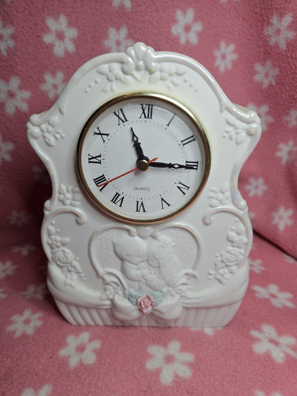 Precious Moments White Ceramic Floral Mantel Clock with Gold Trim